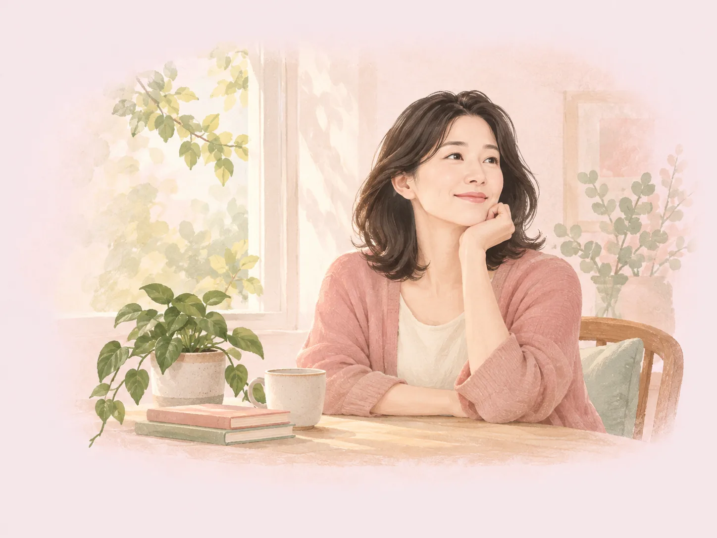 햇살이 들어오는 창가에서 편안히 쉬는 여성을 그린 따뜻한 일러스트